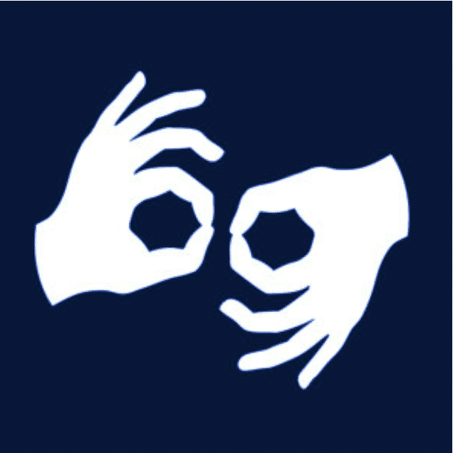 Piktogram oznaczający usługę tłumacza języka migowego, dwie dłonie w geście migania.